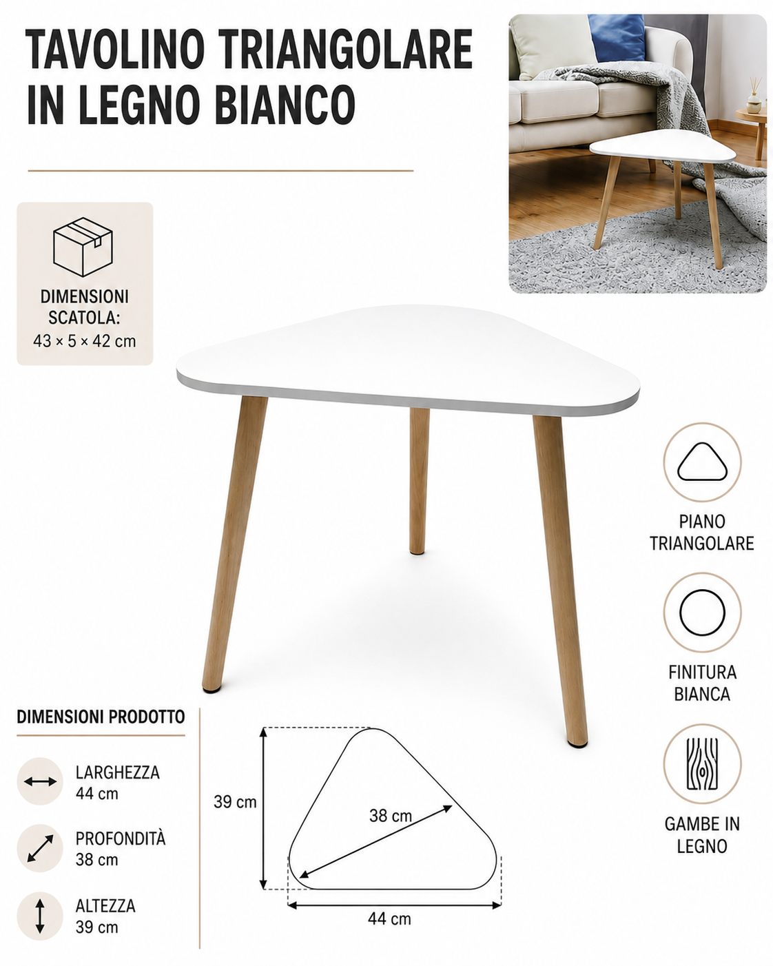 TAVOLINO ARREDO IN LEGNO BIANCO TRIANGOLARE WR22H205/WHITE