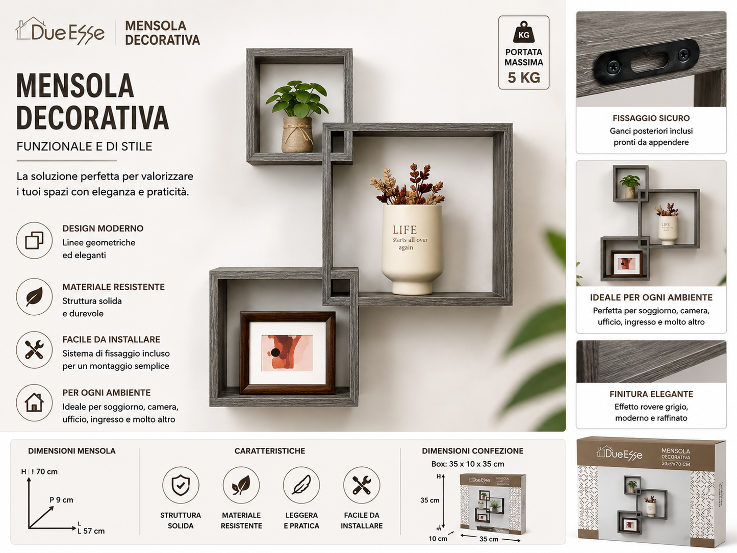 MENSOLE CUBO SET 3 MISURE TORTORA DUE240418-1/GREY