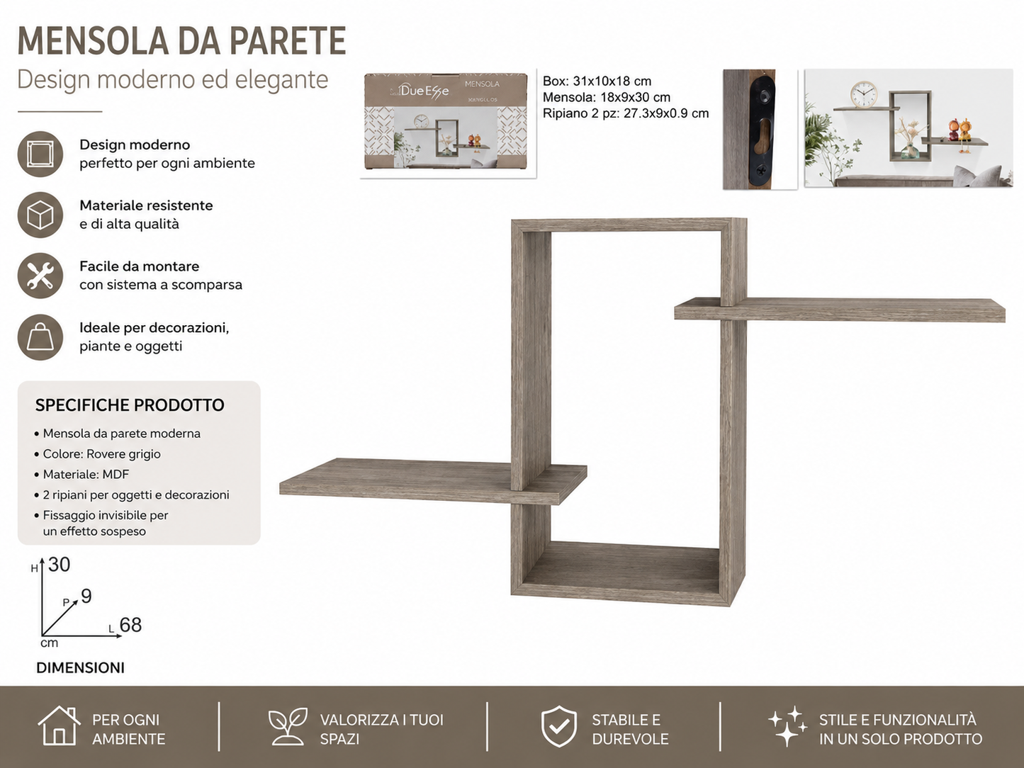 MENSOLA RETTANGOLARE CON DUE RIPIANI TORTORA DUE240418-9/GREY