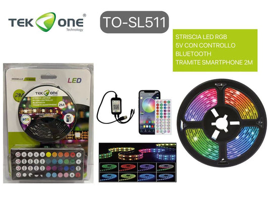 Striscia Led Rgb 5V Con Controllo Bluetooth Tramite Smartphone 2M