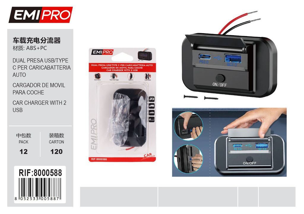 Dual Presa Usb/Type C Per Caricabatteria Auto