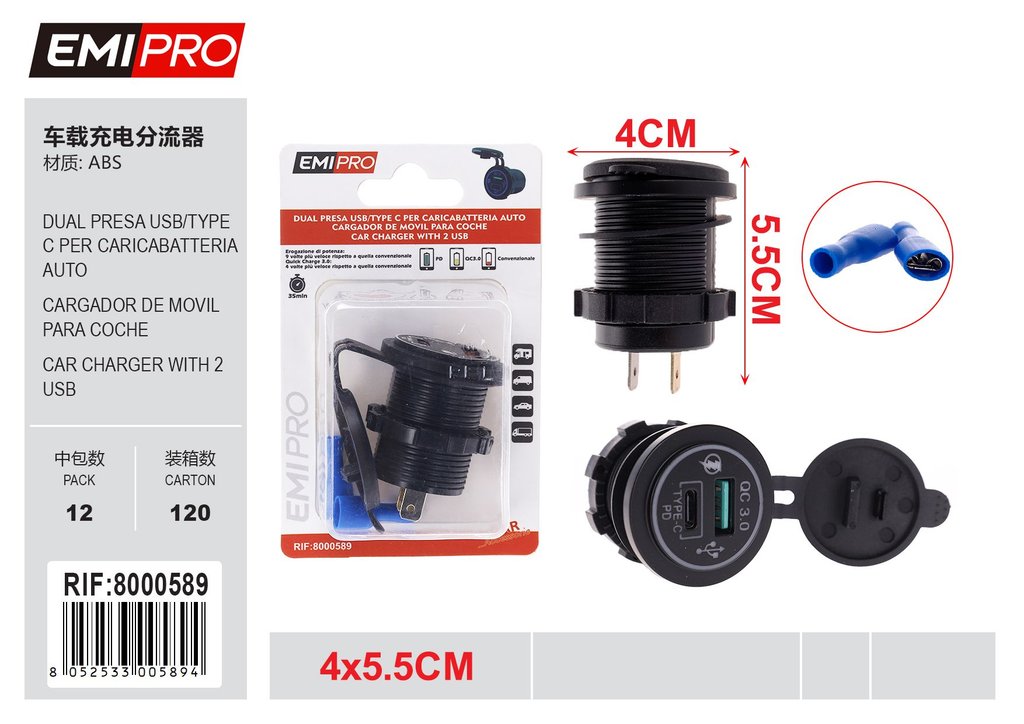 Dual Presa Usb/Type C Per Caricabatteria Auto