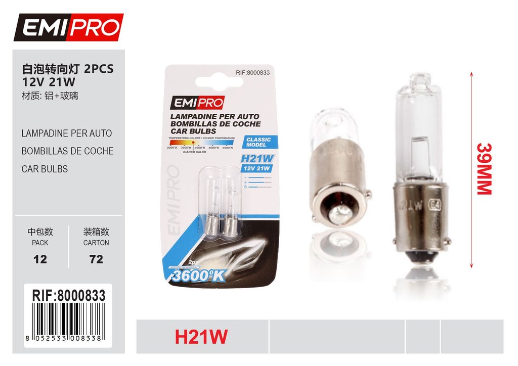 Lampadine Per Auto 2Pcs H6w Bax9S 12v 21w