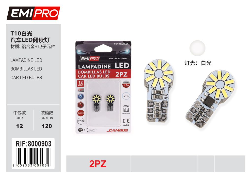 Lampadine Led 2Pcs T10 Bianca