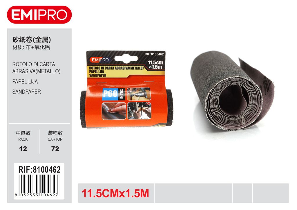 Rotolo di carta abrasiva metallo 11.5cm*1.5M P60