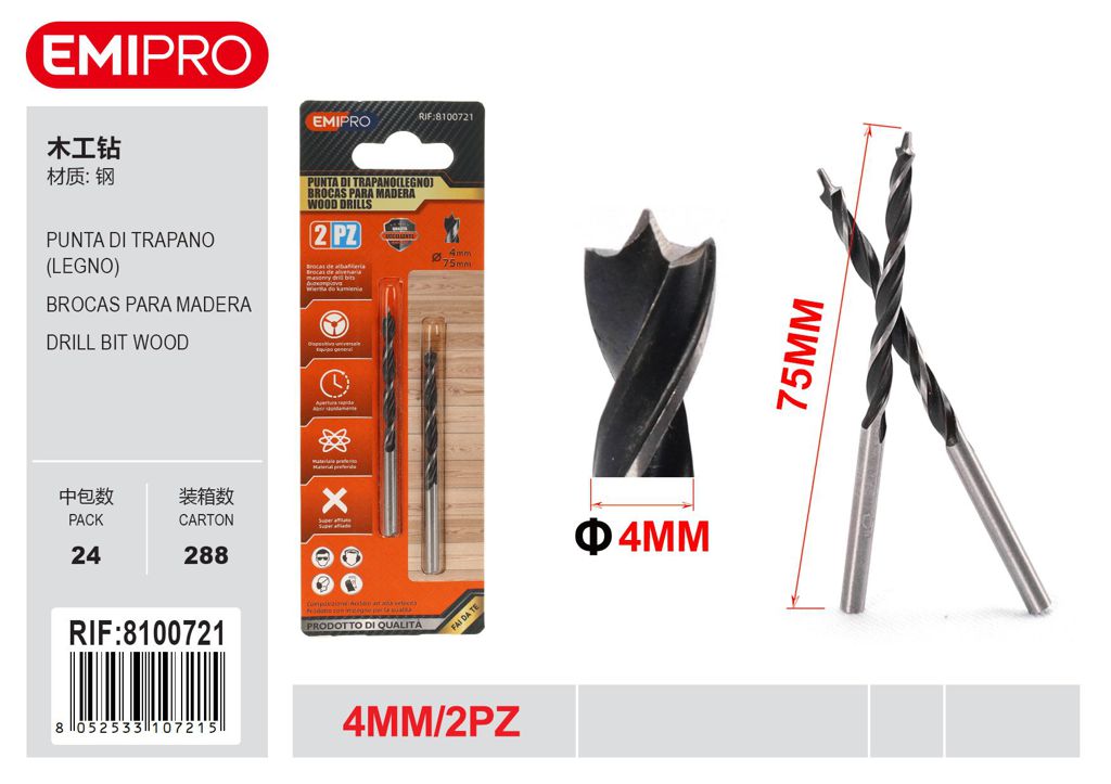 Punta Di Trapano Legno 4mm 2Pcs