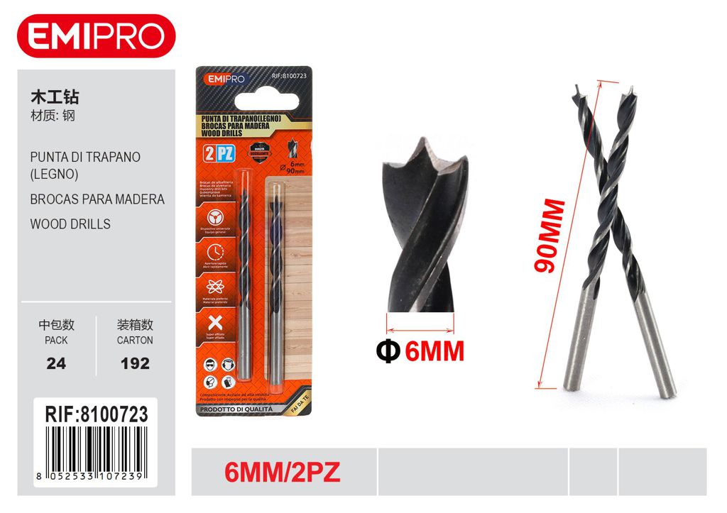 Punta Di Trapano Legno 6mm 2Pcs