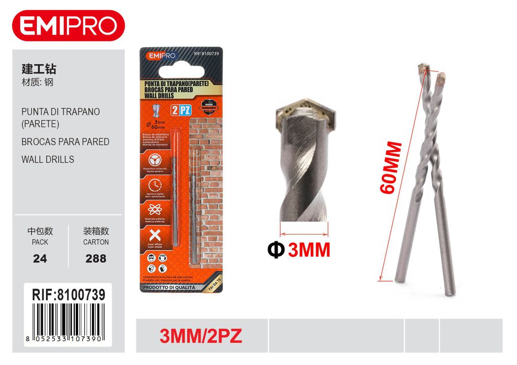 Punta Di Trapano Parete 3mm 2Pcs