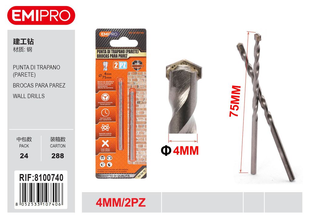 Punta Di Trapano Parete 4mm 2Pcs