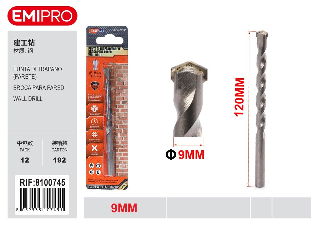 Punta Di Trapano Parete 9mm 1Pcs