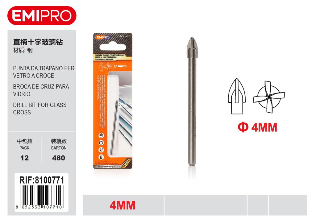 Punta Da Trapano Per vetro A Croce 4mm