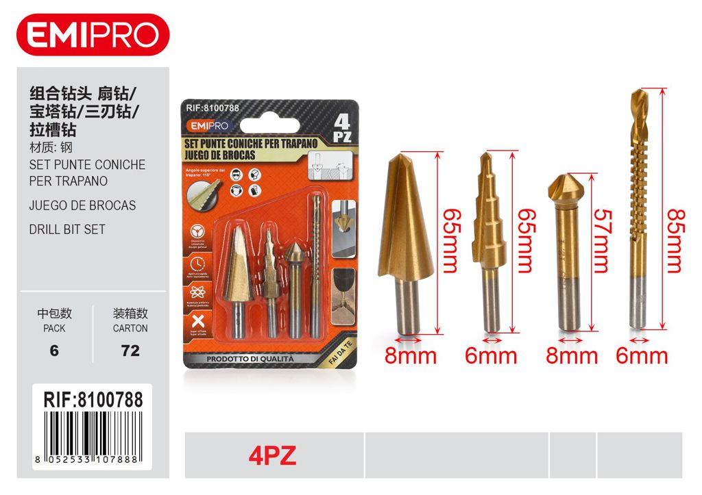 Set Punte Coniche Per Trapano 4Pz