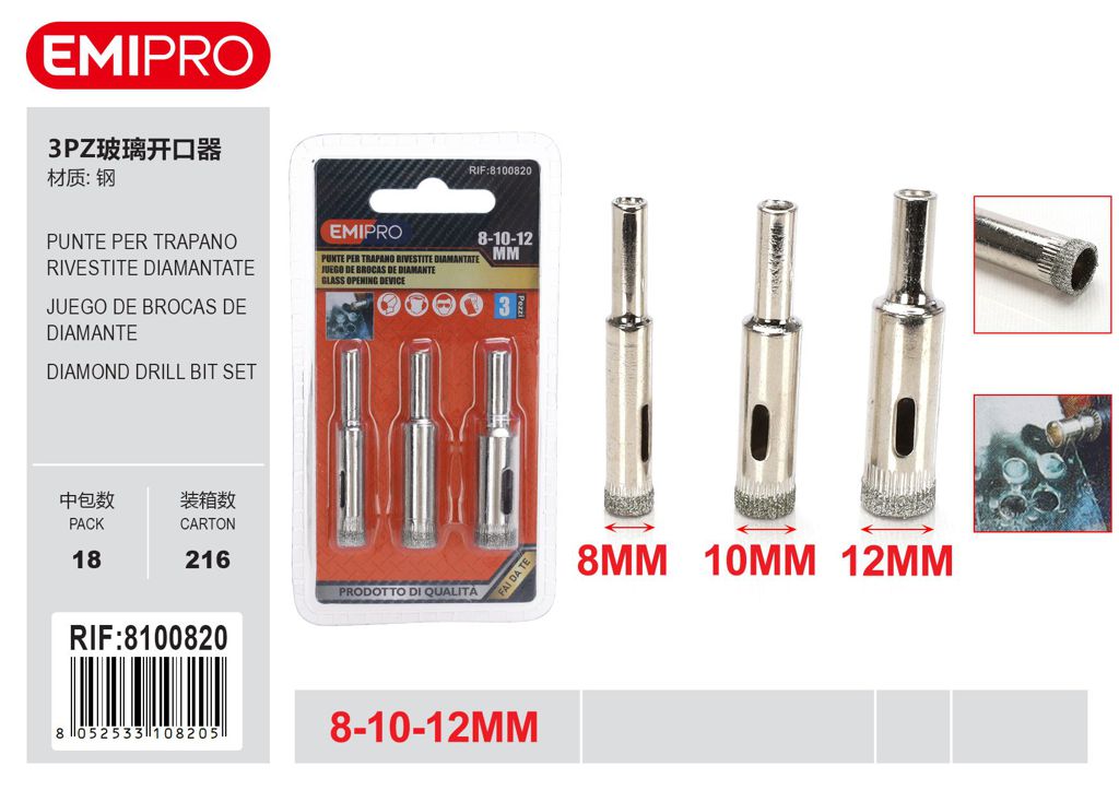 Punte Per Trapano Rivestite Diamantate 8-10-12mm