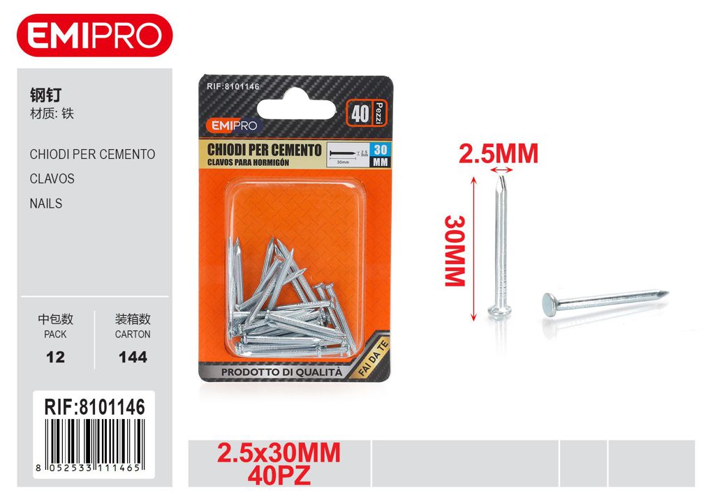 Chiodi Per Cemento 2.5*30mm 40Pz