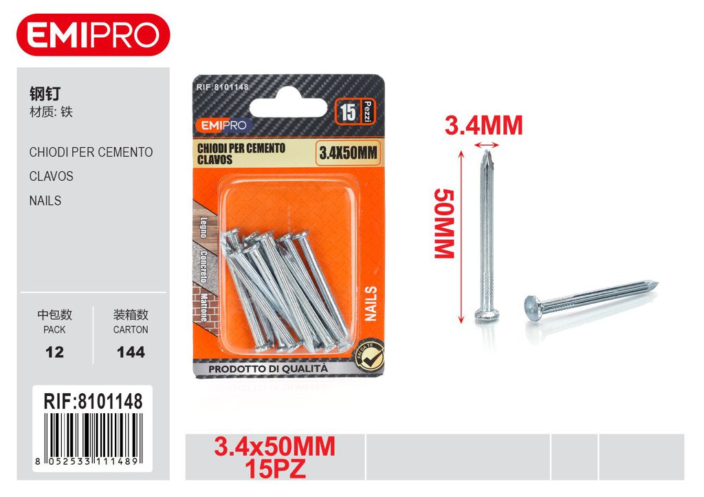 Chiodi Per Cemento 3.4*50mm 15Pcs
