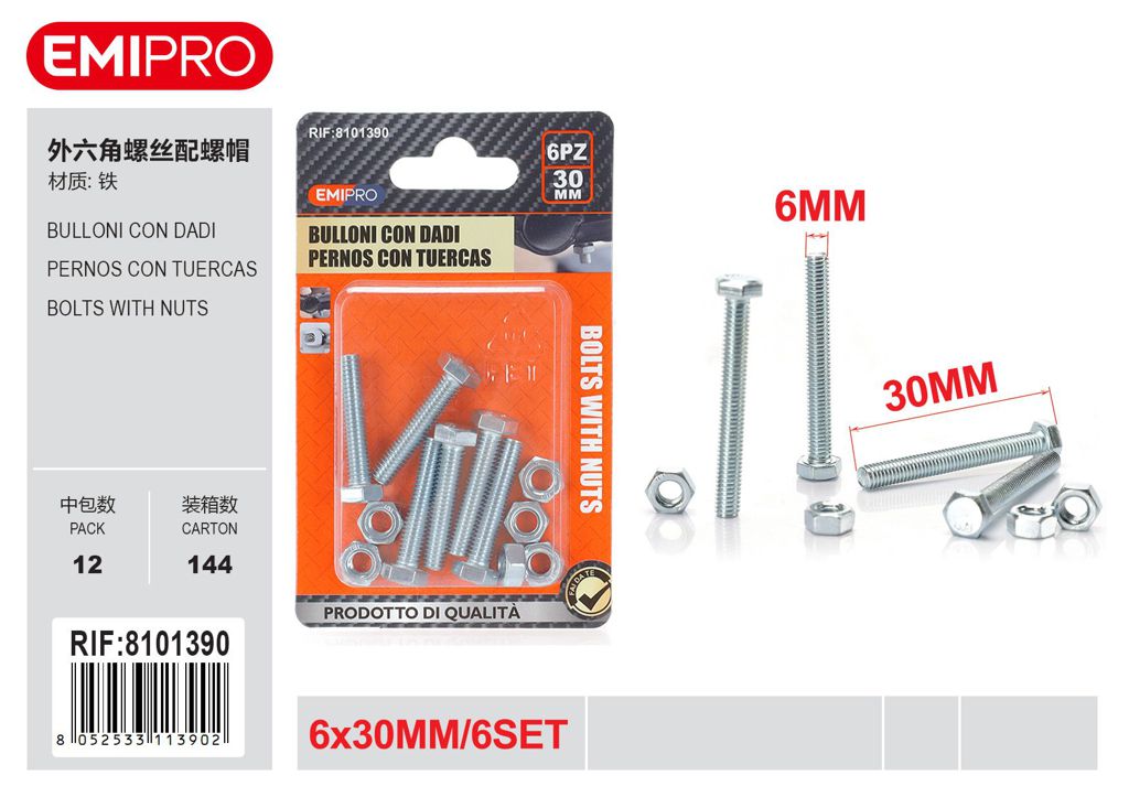 Bulloni Con Dadi 6*30mm 6mm 6Set