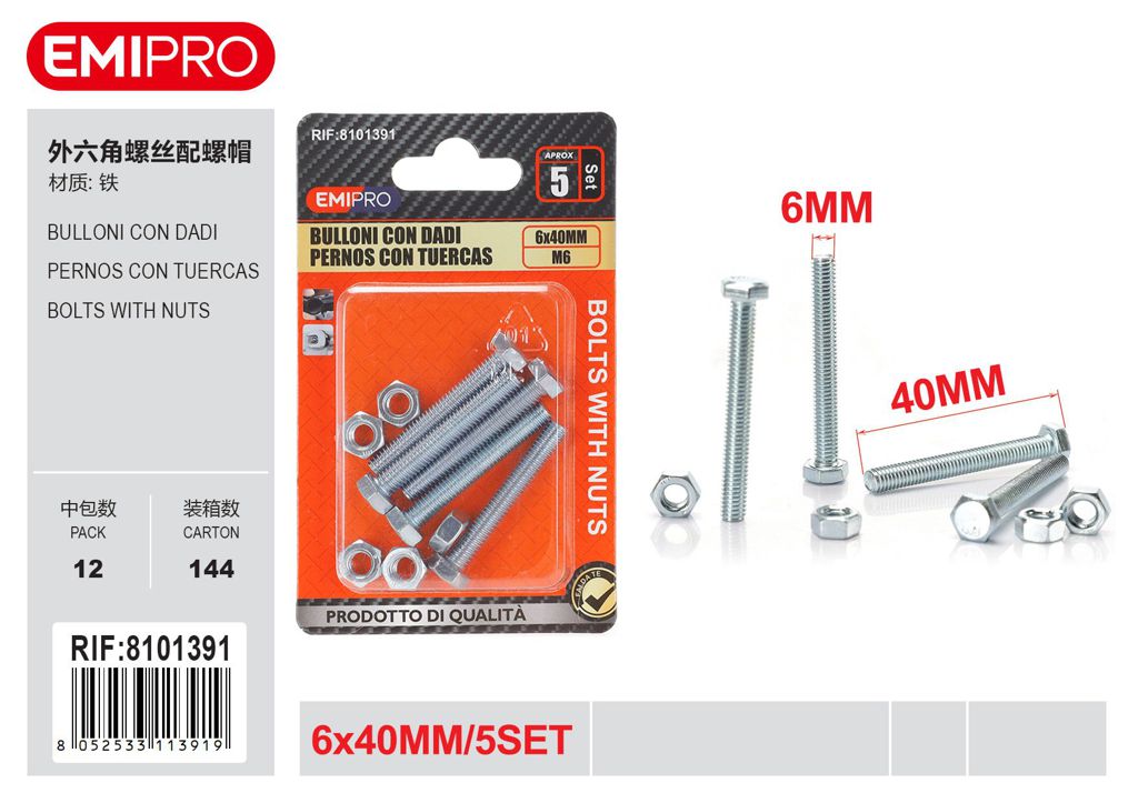 Bulloni Con Dadi 6*40mm 6mm 5Set