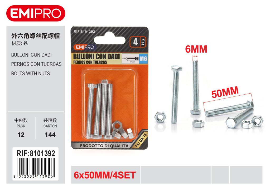 Bulloni Con Dadi 6*50mm 6mm 4Set