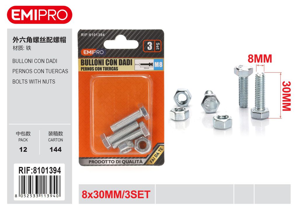 Bulloni Con Dadi 8*30mm 8mm 3Set