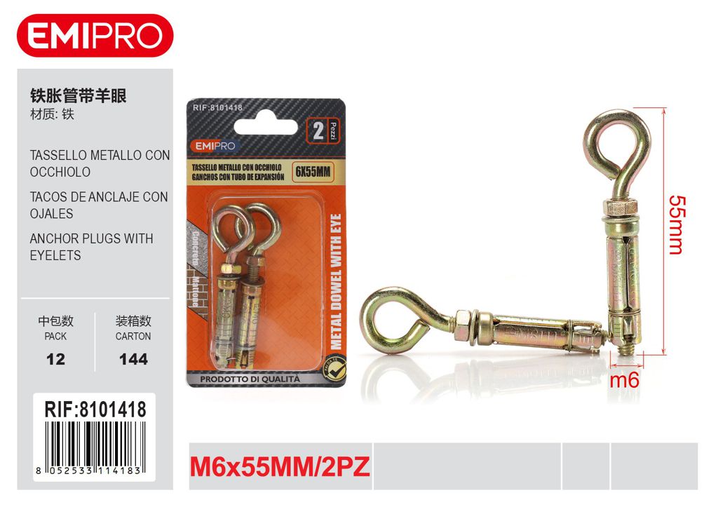 Tassello Metallo Con Occhiolo M6*55mm 2Pz