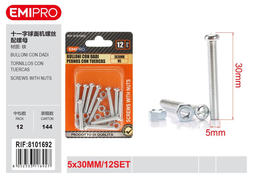 Bulloni Con Dadi 5*30 M5 12Set