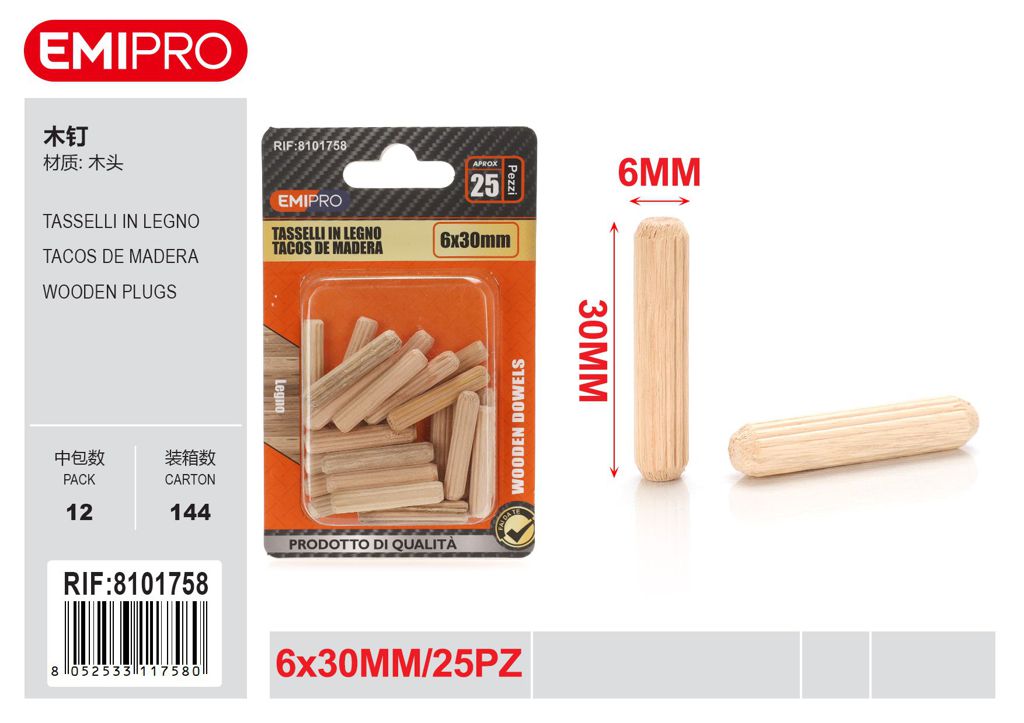 Tasselli In Legno 6*30mm 25Pz