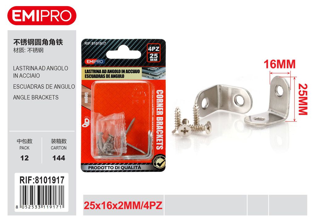 Lastrina Ad Angolo In Acciaio 25*25*16*2mm 4Pcs