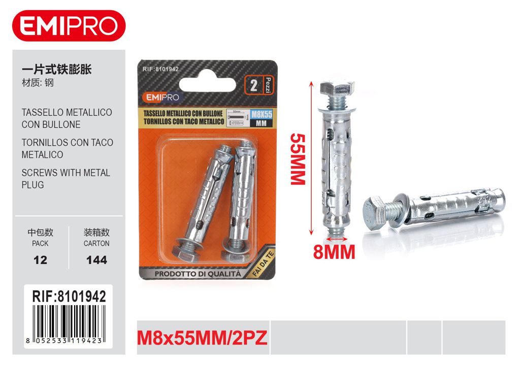 Tassello Metallico Con Bullone M8*55mm 2Pz