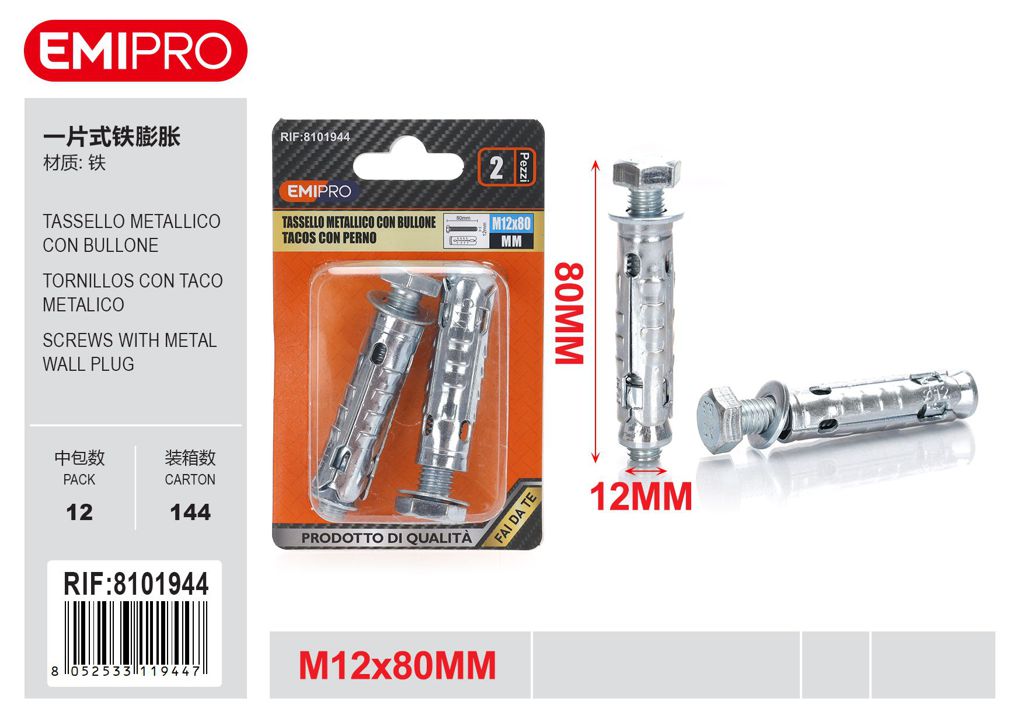 Tassello Metallico Con Bullone 12*80mm 2Pz