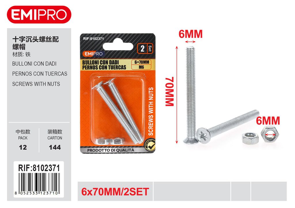 Bulloni Con Dadi 6*70mm 2Set