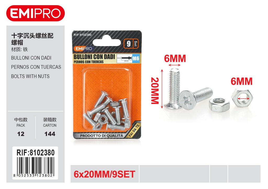 Bulloni Con Dadi 6*20mm 9Set