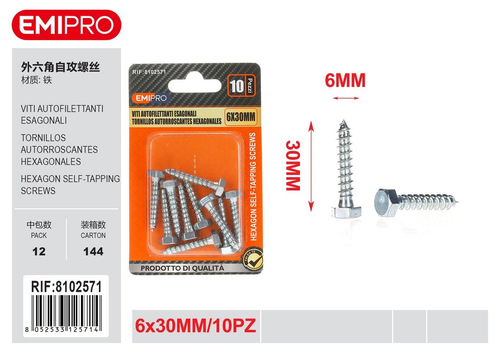 viti Autofilettanti Esagonali 6*30mm 10Pz