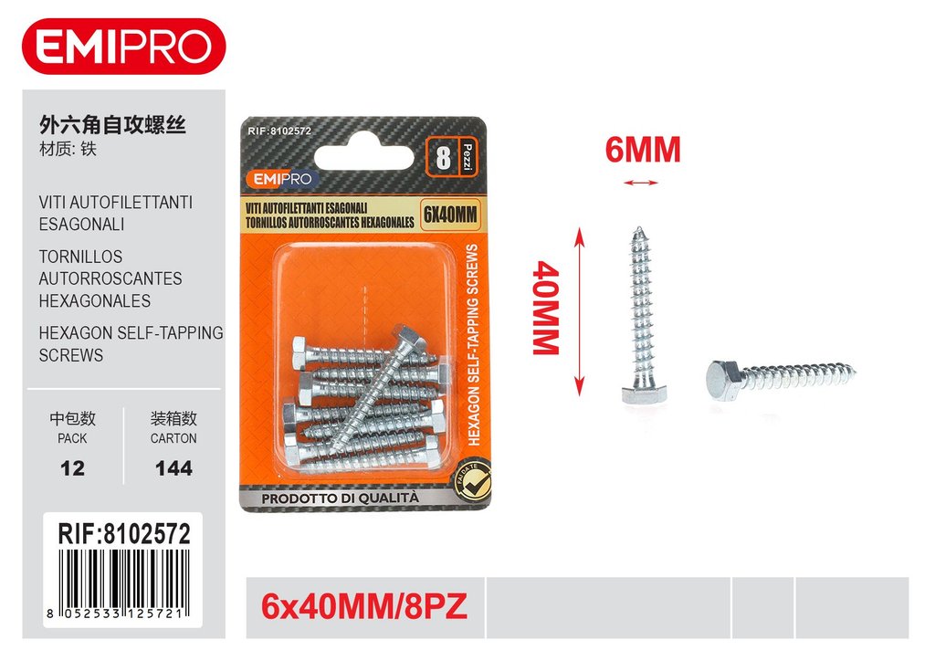 viti Autofilettanti Esagonali 6*40mm 8Pz