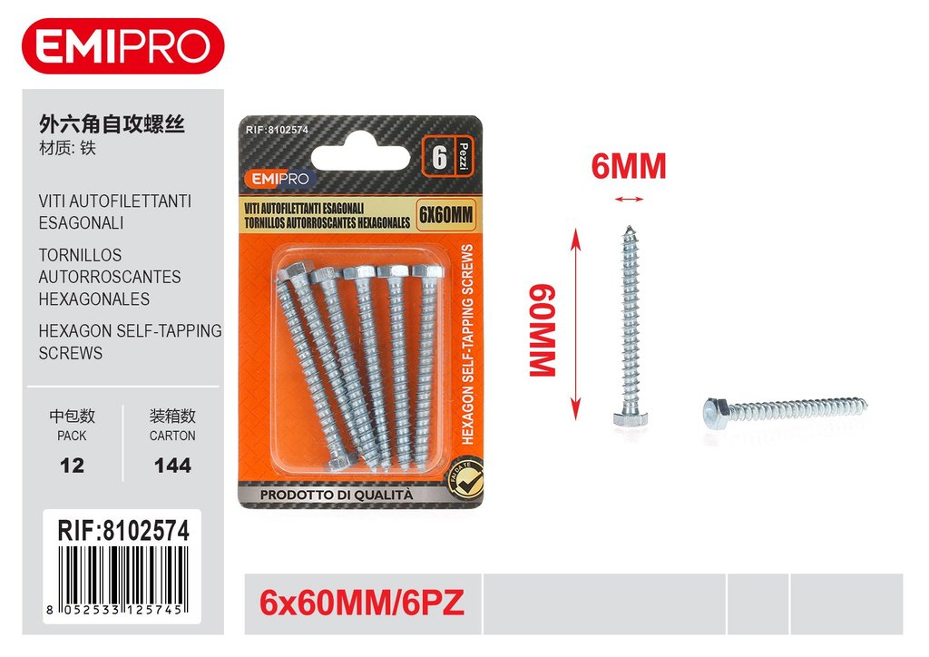 viti Autofilettanti Esagonali 6*60mm 6Pz
