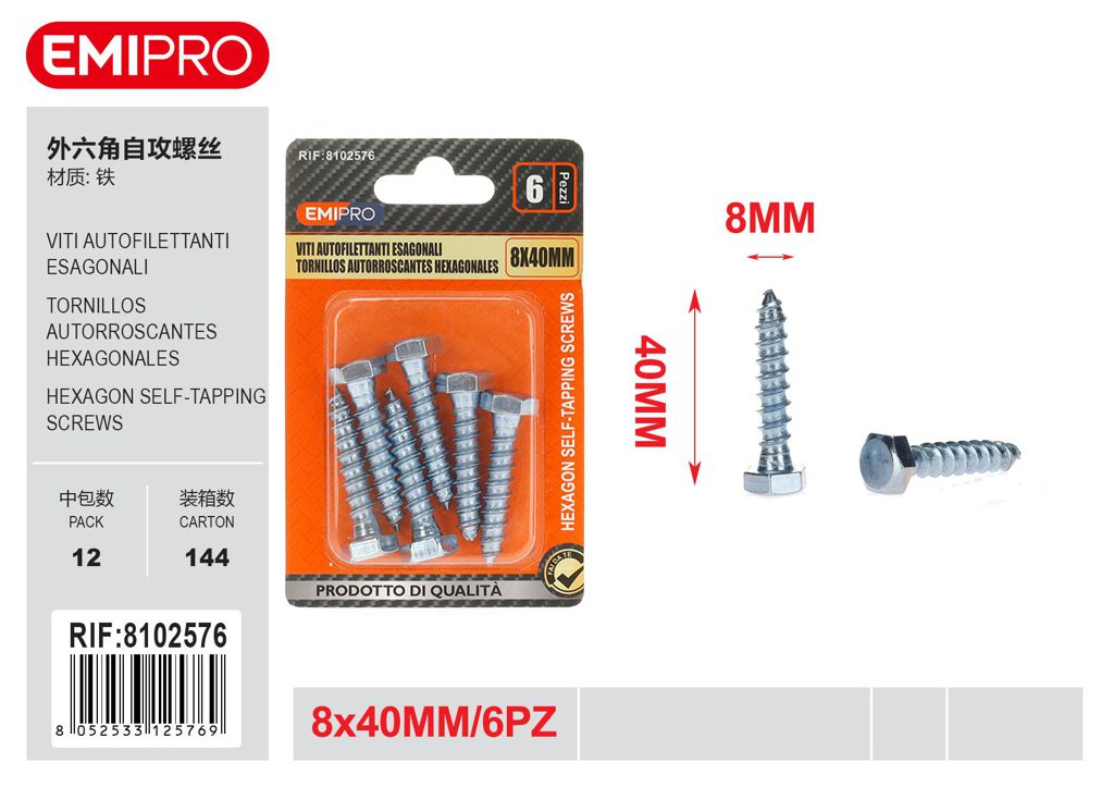 viti Autofilettanti Esagonali 8*40mm 6Pz