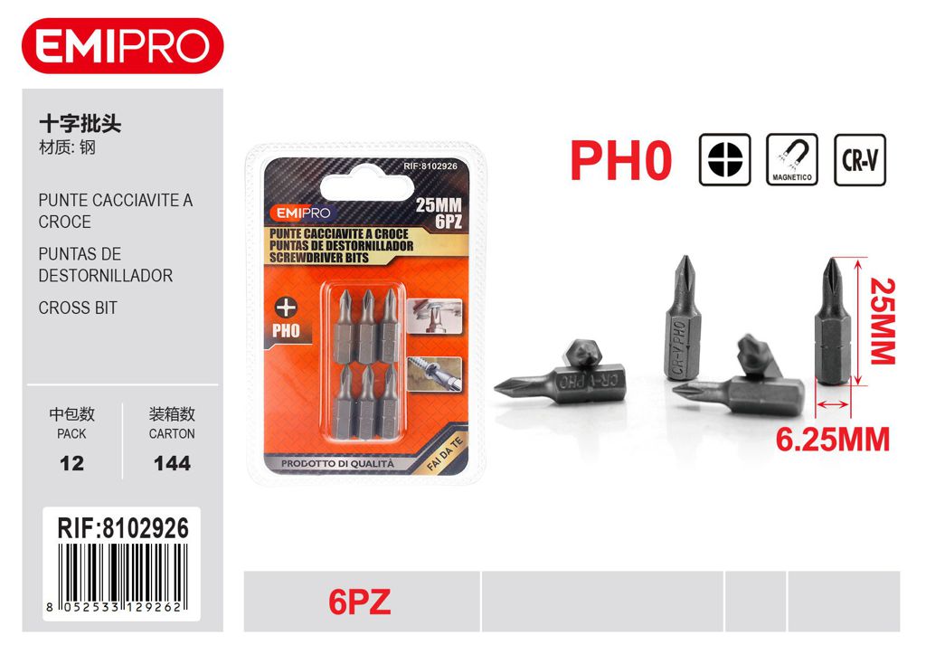 Punte Cacciavite A Croce 6Pz Ph0*25mm