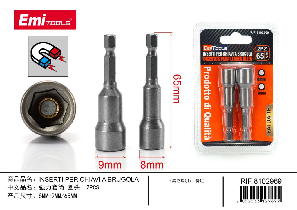 2Pcs Inserti Per Chiavi A Brugola 8mm-9mm Rotondo 65mm