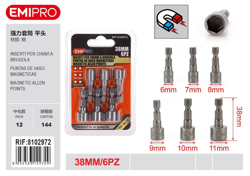 6Pcs Inserti Per Chiavi A Brugola 6-7-8-9-10-11mm Piatto 38mm