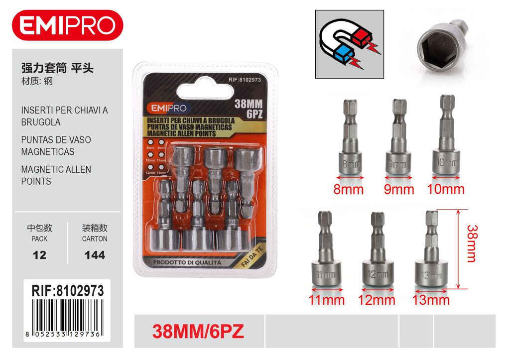 6Pcs Inserti Per Chiavi A Brugola 8/9/10/11/12/13mm Piatto 38mm