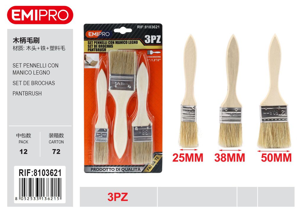 Set Pennelli Con Manico Legno 3Pcs