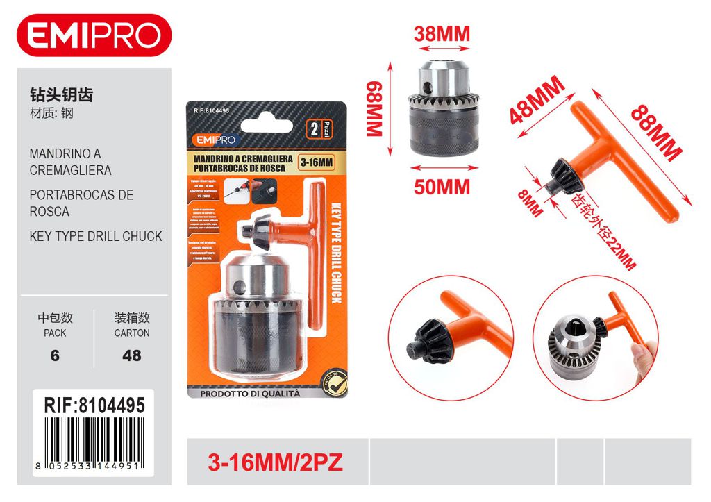 Mandrino A Cremagliera 16mm 2Pz