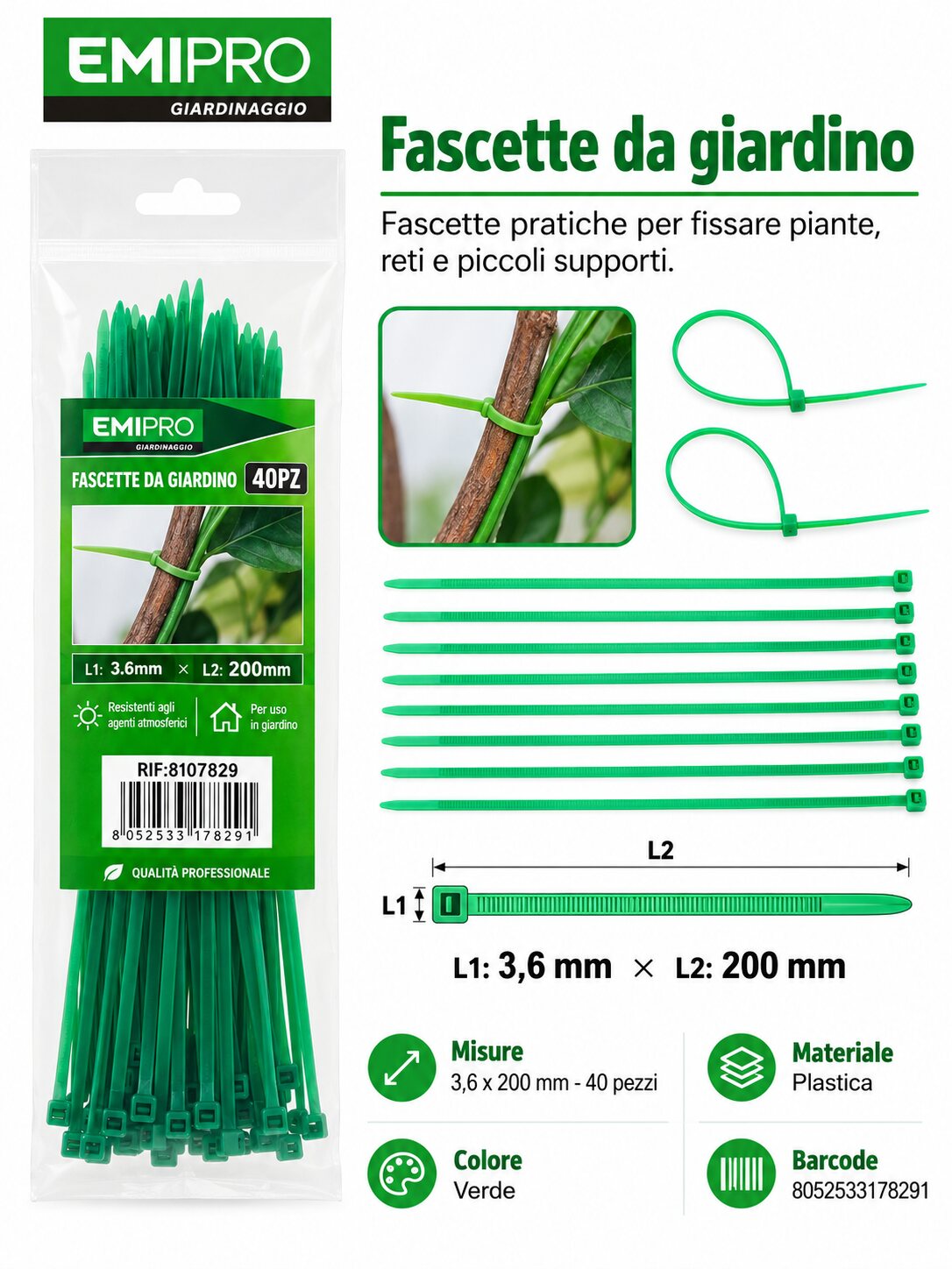 FASCETTE DA GIARDINO 3.6*200 40PZ