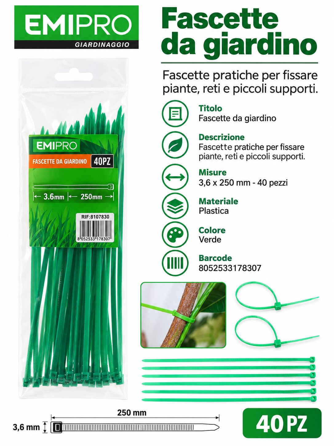 FASCETTE DA GIARDINO 3.6*250 40PZ