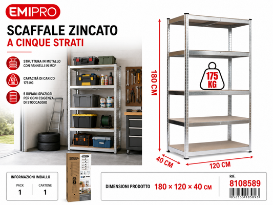 Scaffale Zincati a Cinque Strati 180*120*40cm