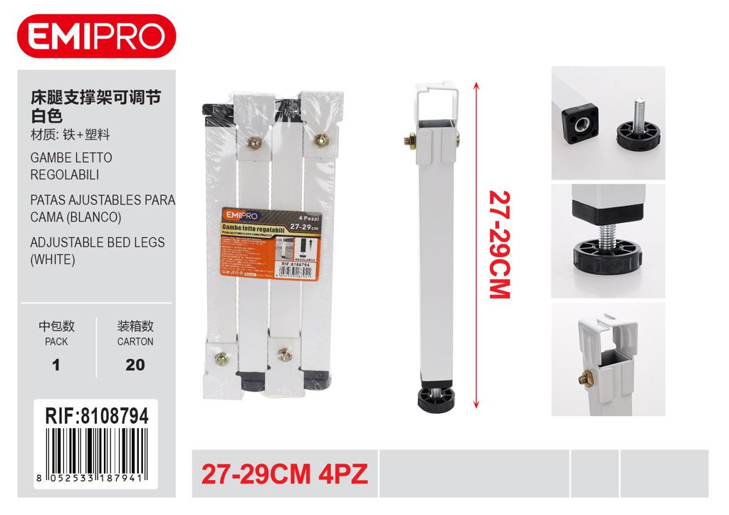 Gambe Letto Regolabili 27-29mm 4Pz