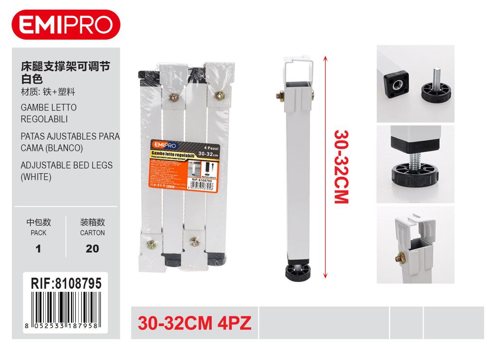 Gambe Letto Regolabili 30-32mm 4Pz
