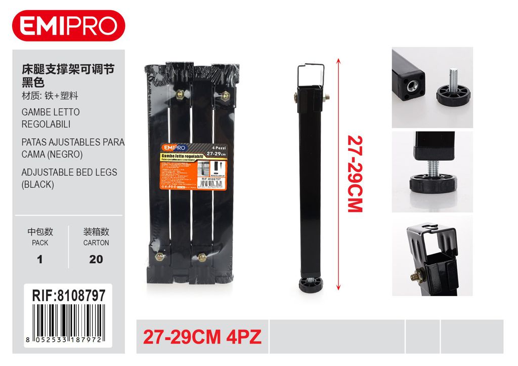 Gambe Letto Regolabili 27-29mm 4Pz