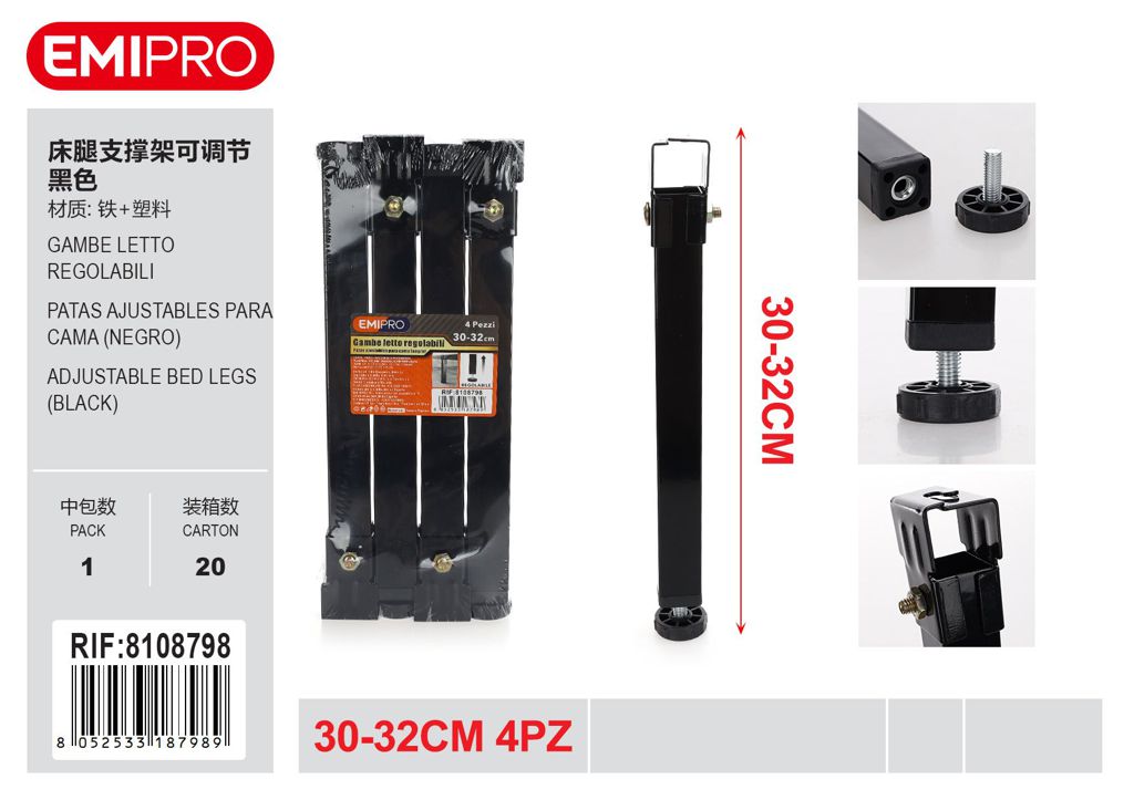 Gambe Letto Regolabili 30-32mm 4Pz