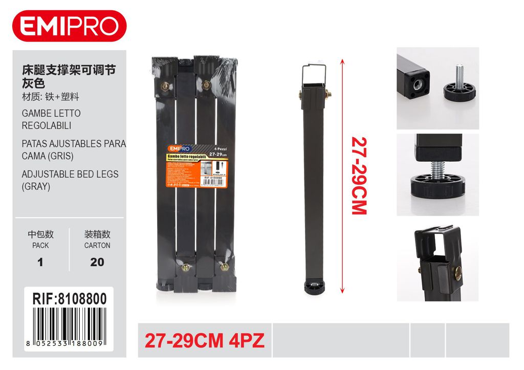 Gambe Letto Regolabili 27-29mm 4Pz