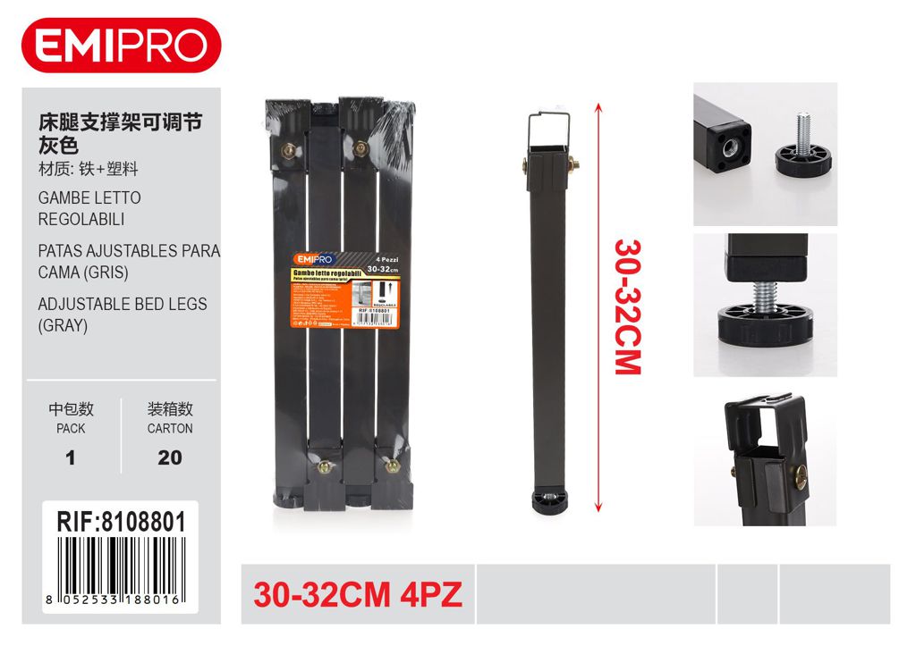 Gambe Letto Regolabili 30-32mm 4Pz